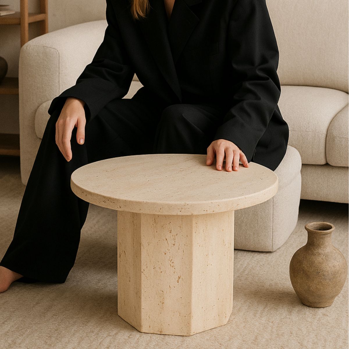 Amalie Sidebord | Beige marmor Ø60 cm